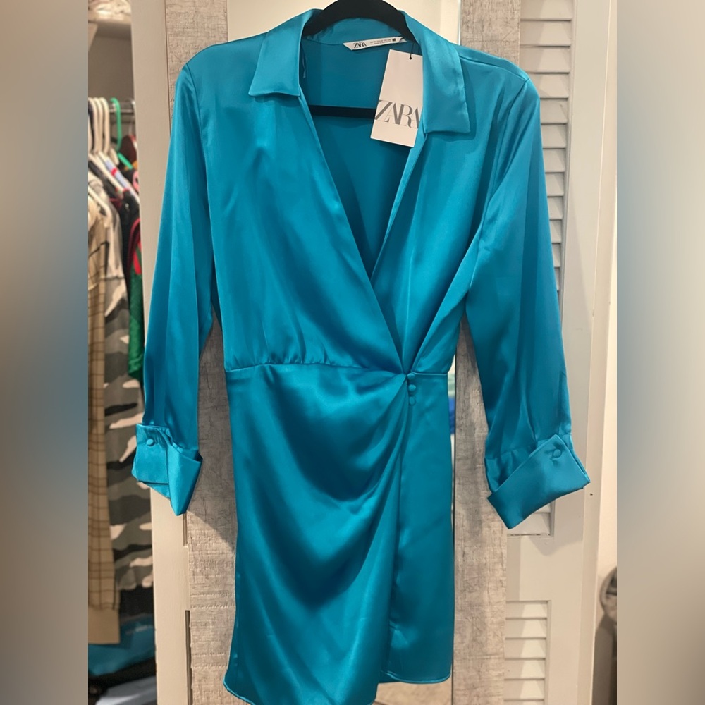 Zara Blue Satin Short Dress size M - front wrap dress, NWT
